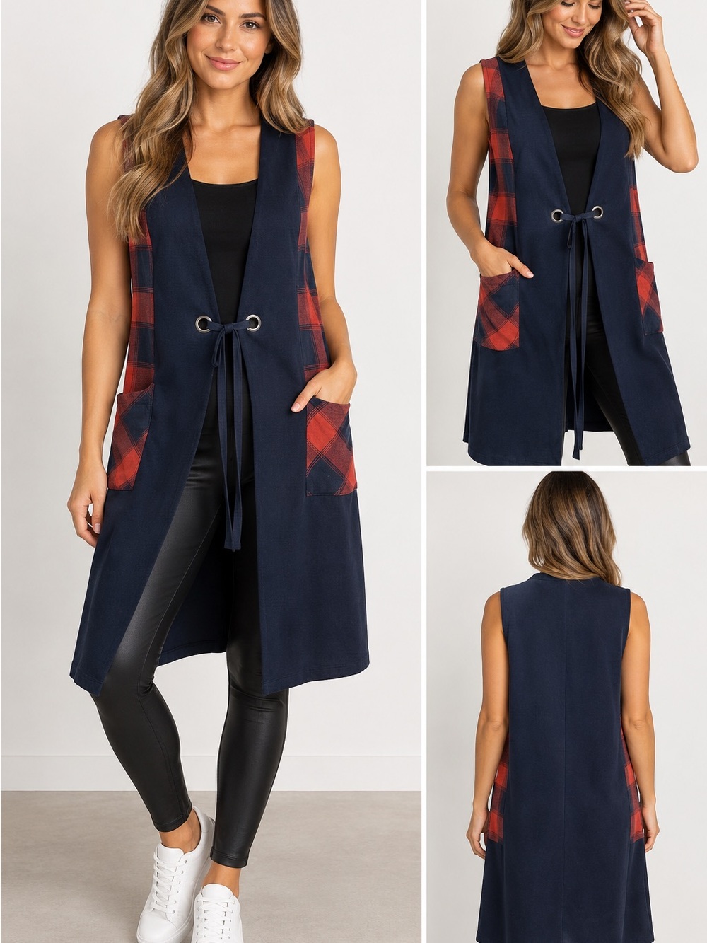 BCBGeneration Navy Sleeveless Duster Vest with Red Plaid Panels